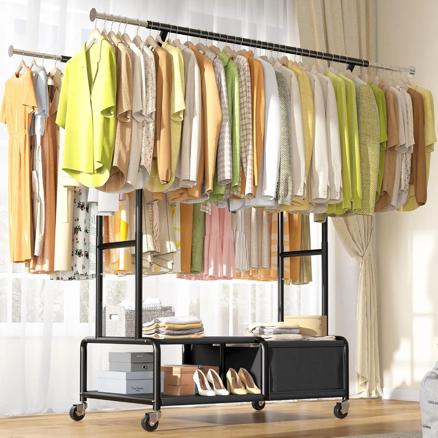 Raybee Clothes Racks with Drawers for Hanging Clothes with Shelves, Adjustable Clothing Rack with Lockable Wheels, Multi-Functional Closet Rack For Bedroom, Heavy Duty Garment Racks for Hanging 220+ Clothes