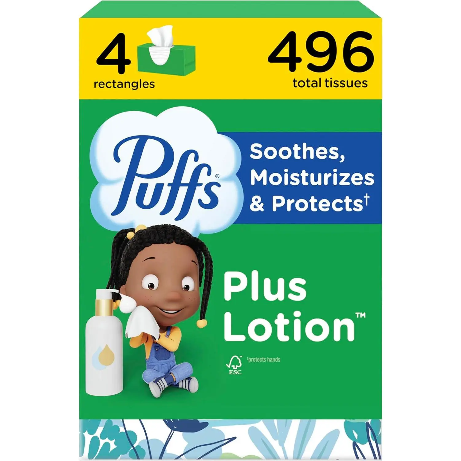 Vicks Rectangle Lotion-Infused Cushioned Soft Facial Tissues, FSC-Certified Pulp, 4 Family Boxes (124 Tissues Each), for Allergy Relief (Packaging May Vary)