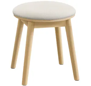 Vanity Stool, Upholstered Makeup Stool with Solid Wood Legs, Round Footstool, Non-Slip Foot Pads, Boho Style, Cream White & Oak Beige