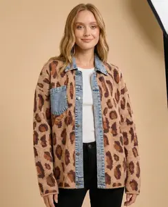 Oversized Leopard Print Knit Jacket with Denim Collar and Pocket Button Up Outerwear Shacket
