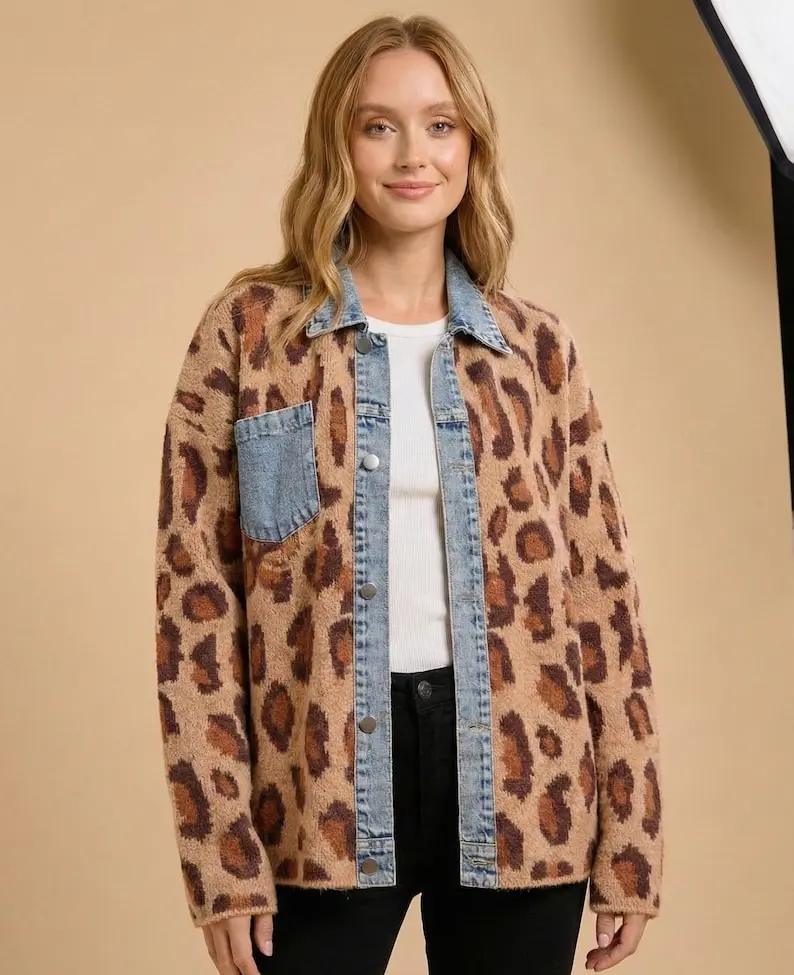 Oversized Leopard Print Knit Jacket with Denim Collar and Pocket Button Up Outerwear Shacket
