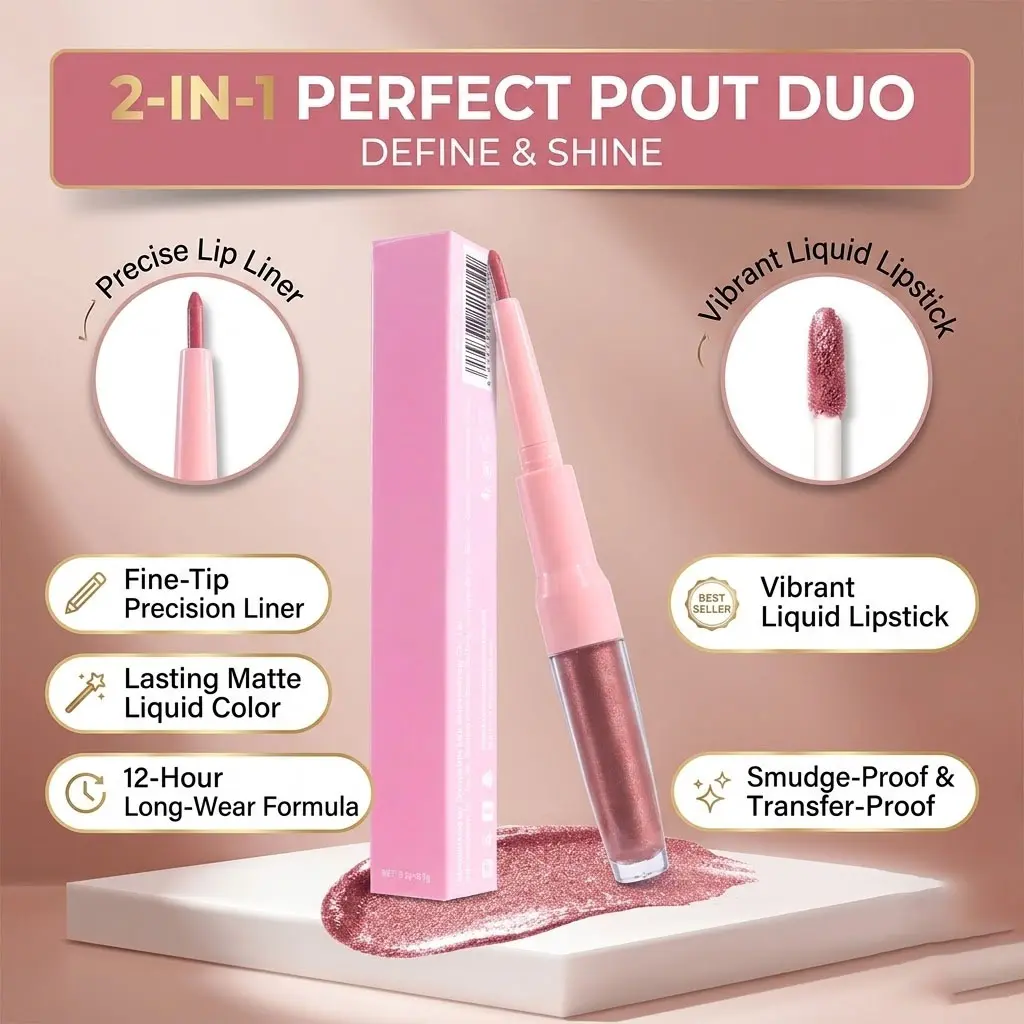 2-in-1 Metallic Lipstick & Lip Liner (Mauve Pink) – Shimmering Metallic Liquid Lipstick for Women; Long-lasting, Waterproof, Smudge-proof Glitter Lip Gloss (24-Hour Wear); Vegan & Cruelty-Free.