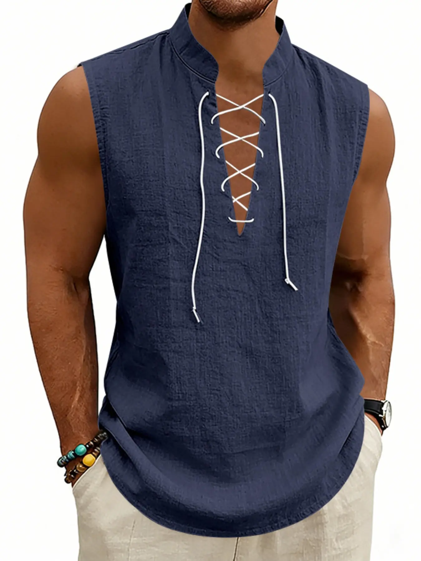 2026 Summer Men's Retro Vintage Casual Tie-Back Sleeveless Tank Top, Medieval Viking Pirate, Renaissance Festival Streetwear Cotton Linen T-Shirt