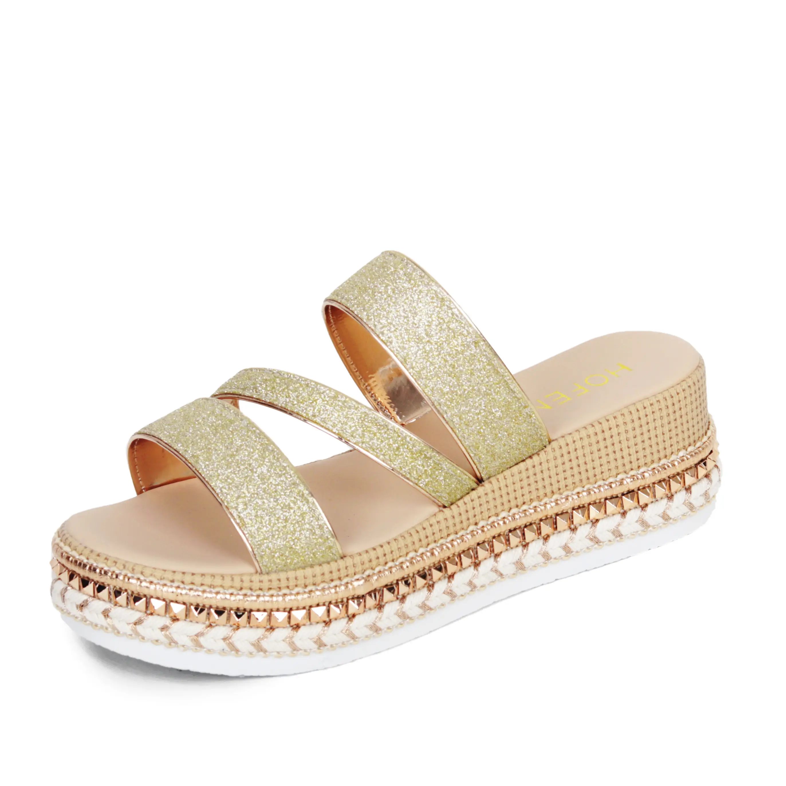 Hofeny summer new women's gold double strap thick soled shiny pink sandals shine with unique and comfortable walking shoes