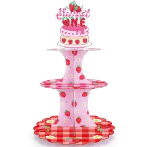 Strawberry Cupcake Stand Decorations - Berry First Birthday Table Decor 3 Tier Cake Dessert Paper Tower Pastry Holder Shortcake Tiered Topper for  Girl Sweet One Year Old Party Supplies
