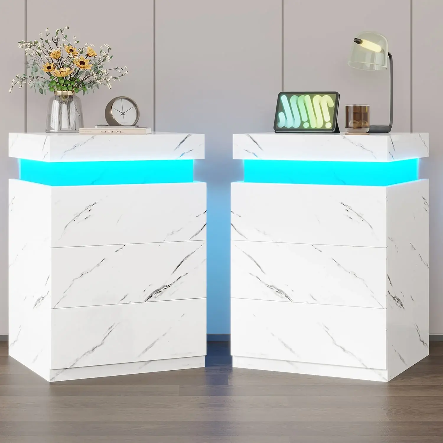 SIKAIC 2PCS LED Nightstands with Drawer, White Marble Top Bedside Tables with Charging Station, USB Ports & Outlets, Modern Bedroom Side Table Set