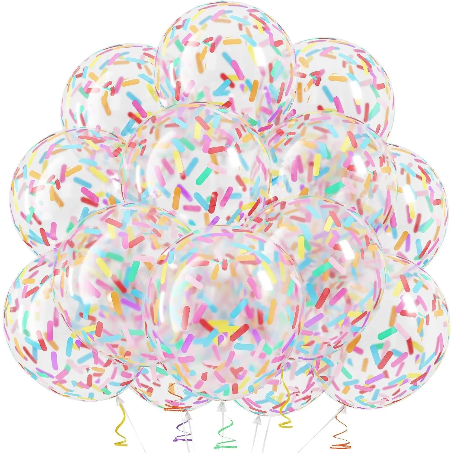 12-Inch Transparent Rainbow Confetti Glitter Latex Balloons Set with Curling Ribbon, Candyland Ice Cream Sprinkle Themed Bouquet, Easy to Decorate Photo Props & Backdrop for Birthday, Anniversary, Baby Shower Party Decorations