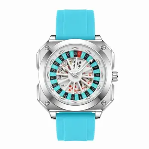 Creative Roulette Poker Watch for Men Women, Luxury Square Stainless Steel Analog Quartz Wristwatch with Luminous Hands, Waterproof Fashion Casual Sports Watch with Cyan Silicone Strap
