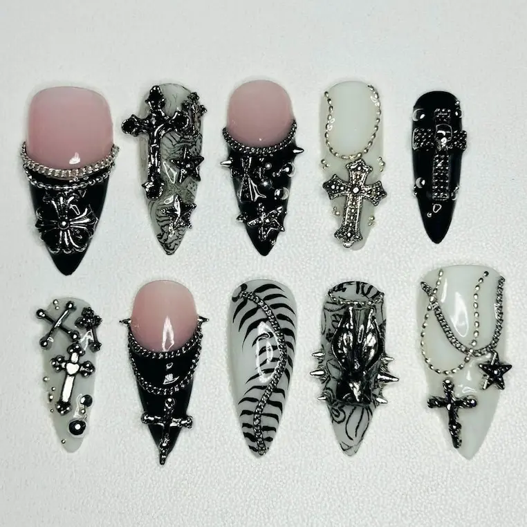 Gothic Chain Centipede Press on Nails 3D Punk Inspired Cross Charm Y2k Style