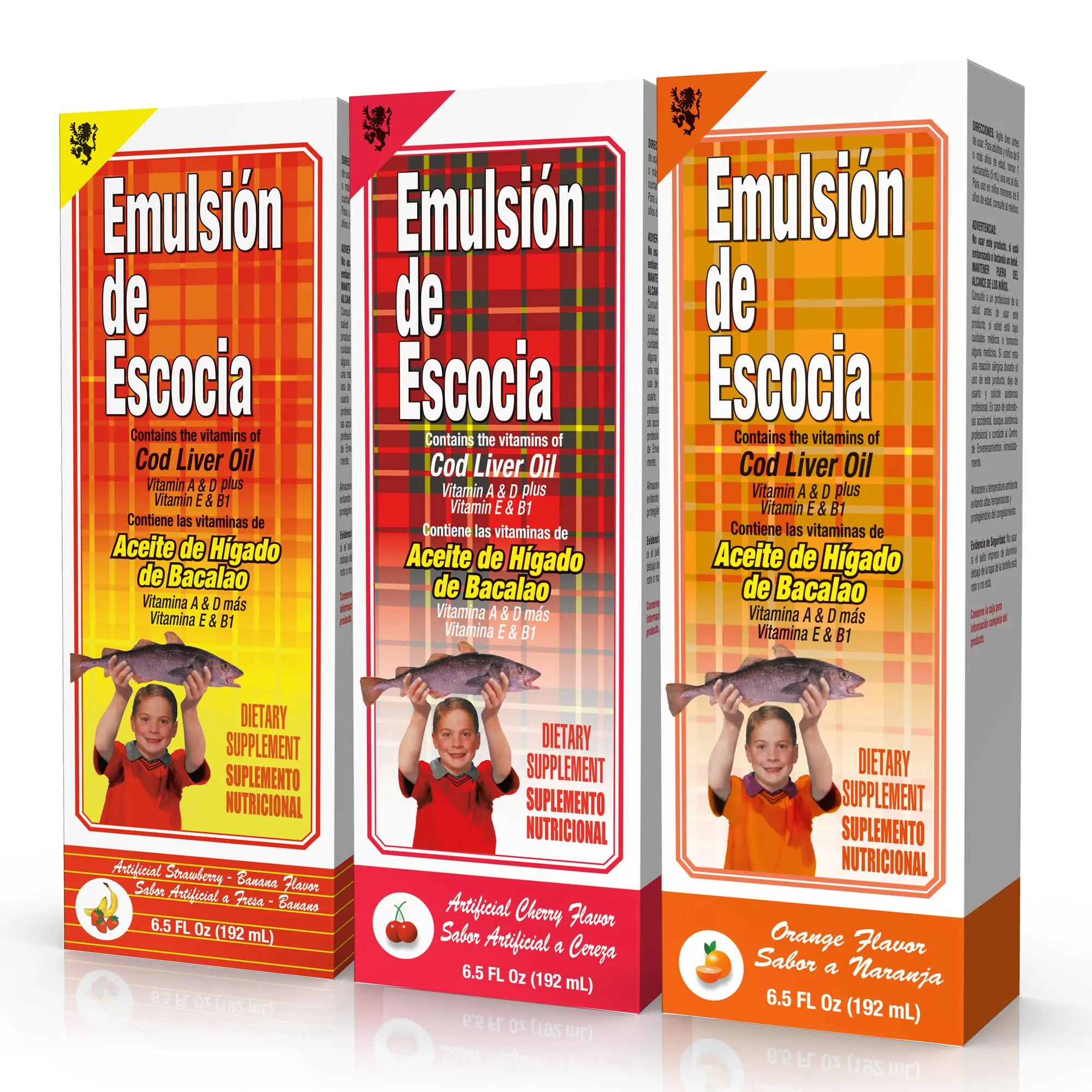 Emulsion De Escocia Cod Liver Oil Liquid For Kids Variety Pack - Cherry, Orange & Strawberry Banana Flavor - Omega 3 With Vitamins A, D, E & B1 - Children's Dietary Supplement 3-Pack, Natural