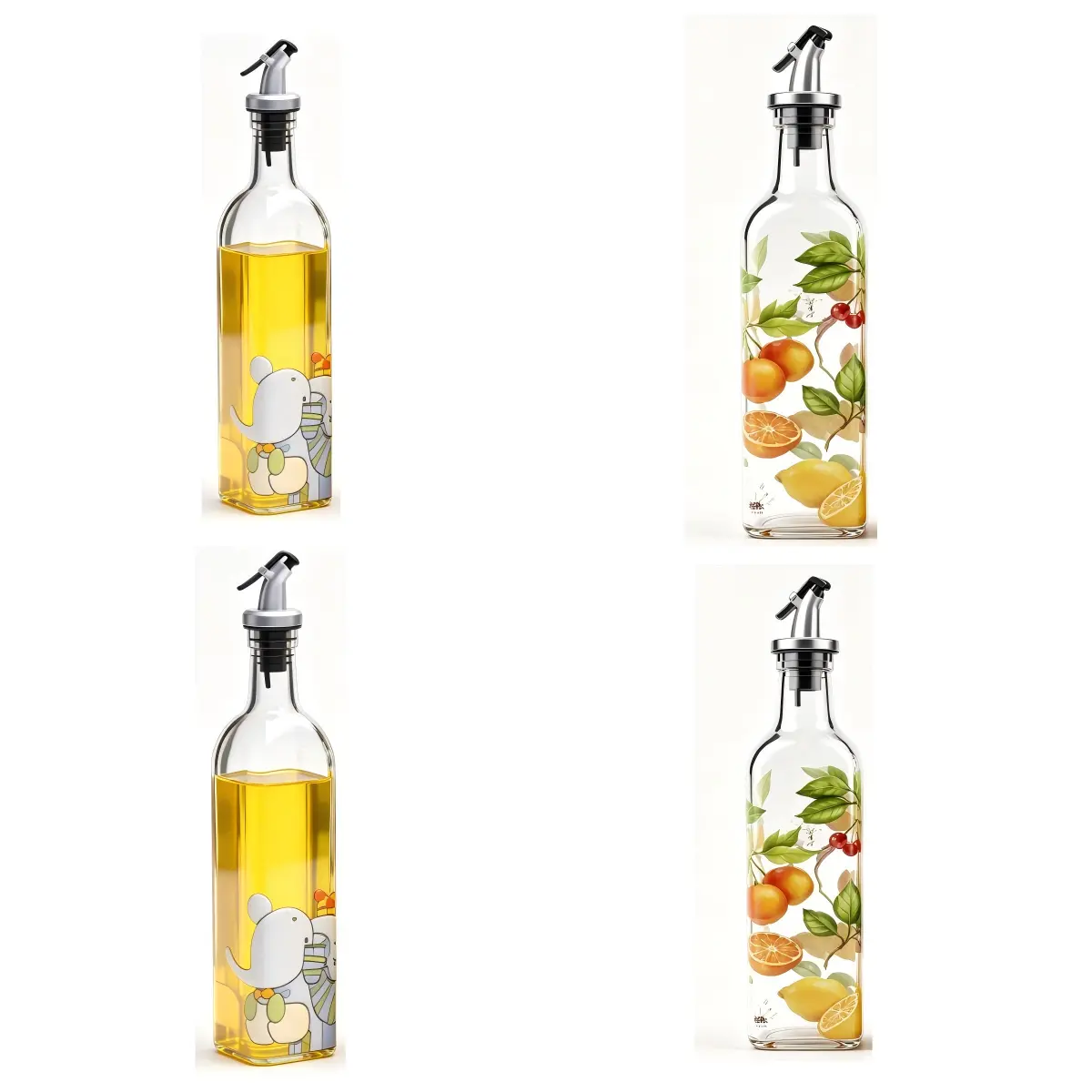 4Pcs Square Glass Olive Oil Dispenser Bottle, Cartoon Elephant & Fruit Pattern Oil Vinegar Cruet with Stainless Steel Leak Proof Pour Spout, Kitchen Cooking Salad Dressing Storage Container