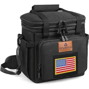 Double Deck Tactical Lunch Box, Large Expandable Insulated Lunch Bag, Durable Waterproof Leakproof Cooler Bag with Flag for Adults/Men/Work Outdoor Trips, 20 Cans/15 L, Black