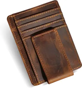 Christmas Present RFID Genuine Leather Money Clip Wallet Credit Card Case Holder Front Pocket Slim Wallet Wild Style A Brown W1015-1