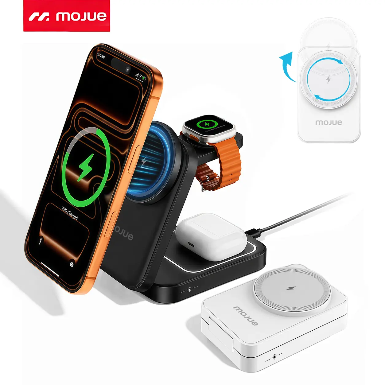 MOJUE 3 in 1 Foldable Wireless Charging Station, Qi2 Certified 15W Fast Mag-Safe Charger Stand for iPhone 17 16 15 14 13 12, Apple Watch, AirPods, Ideal for Travel Office Desk Accessories