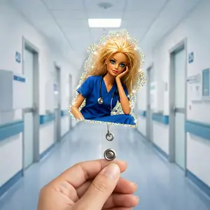 Cute Tired Blonde Nurse Badge Reel Messy Hair | Silver Glitter Retractable ID Badge Holder