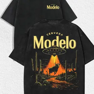 1 PCS Retro Washed Black Short Sleeve T-Shirt, Front Mini "Cerveza" Print + Back UFO & Western Bull Desert Graphic, Sci-Fi Western Streetwear Style, 100% Cotton Unisex Oversized Tee, Streetwear Meetups, Great Gift for Sci-Fi & Western Fans