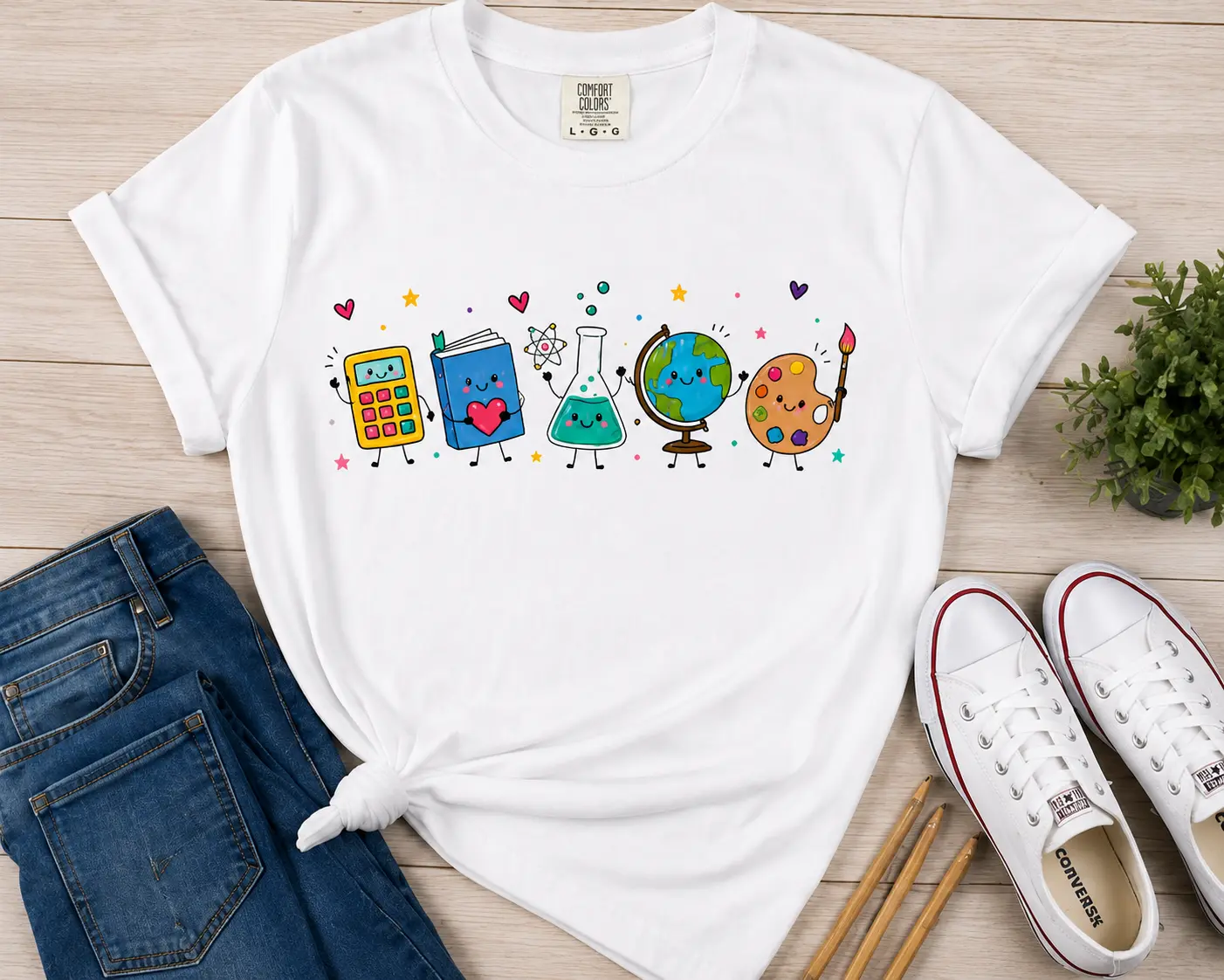 Cute School Supplies Friends Teacher T-shirt | Back to School Cartoon Crew