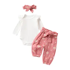 Newborn Baby Girl Daisy Floral Pants Outfit Ribbed Knit Ruffle Long Sleeve Sweatshirt Romper Cotton Line Wide Leg Pants