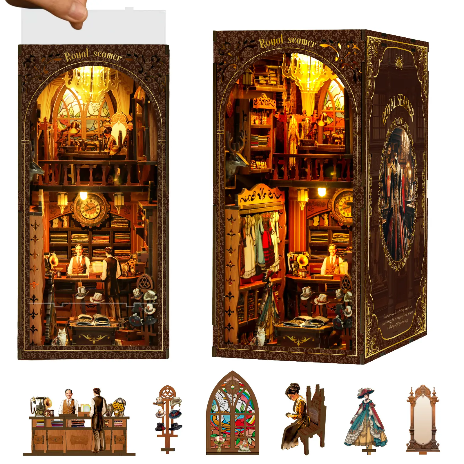 Book Nook Kit - Adult DIY Art Nouveau Tailor Shop Decor Display with LED Lights, Wooden Bookshelf Ornament with Vintage Tailor Themed Mini Furnishings, Stylish Interior Decor Craft Gift for Adult Collectors