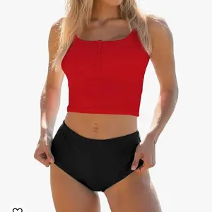 Women's Two Piece Strappy Top Sport Bikini Set High Waist Swimsuit Tummy Control Bathing Suit