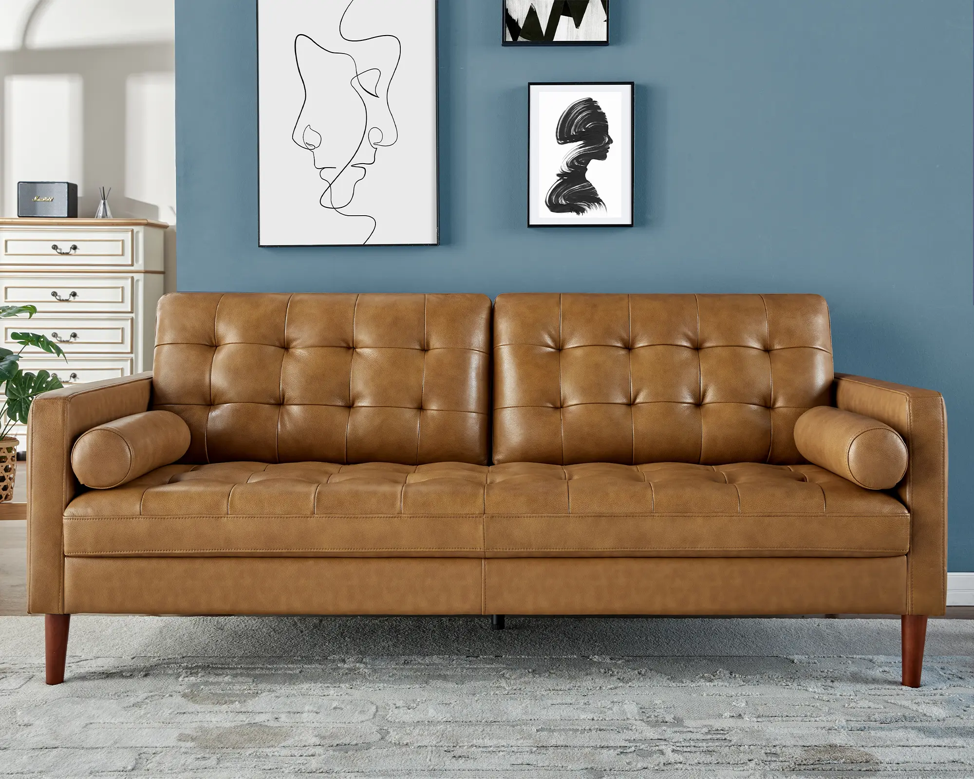 AMERLIFE Leather Sofa,Mid-Century Modern Genuine Leather Sofa,3 Seater Couch for Living Room-Brown Leather Sofa Couch