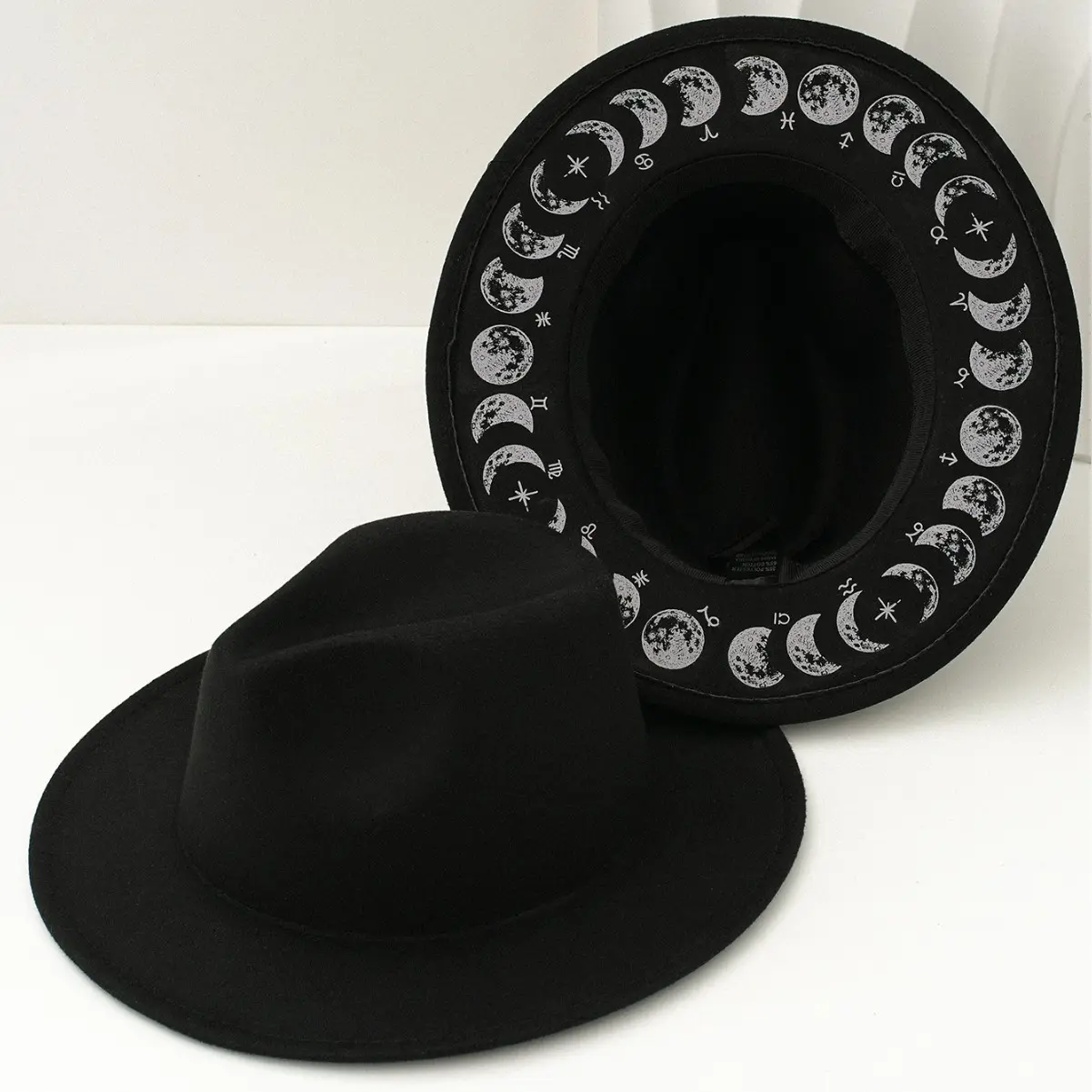 Gothic Moon Phase Fedora Hat, Hand-Painted Medieval Mysterious Wide Brim Hat, Drama Party Decorative Headwear