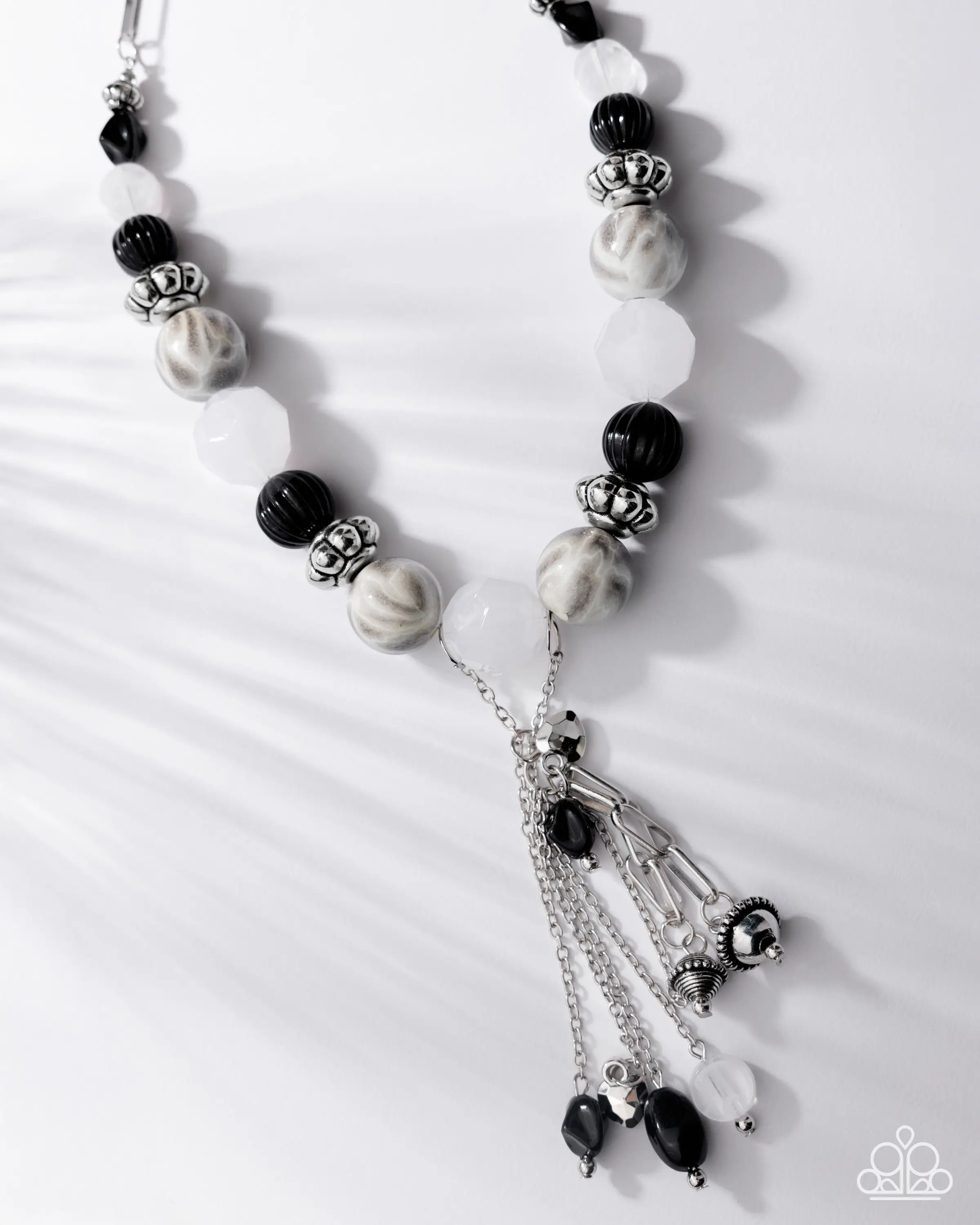 Black White Beaded Tassel Necklace Set | Silver Chain Statement Jewelry