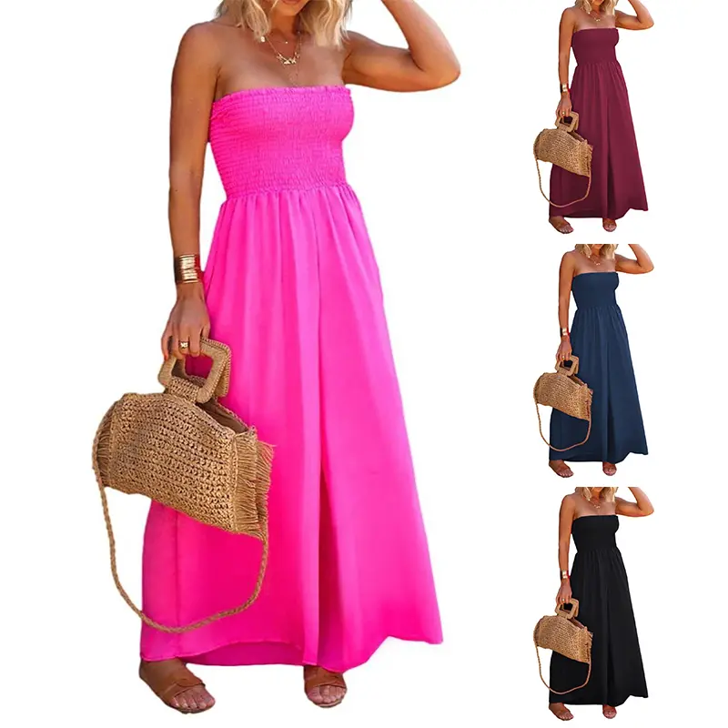 Imily Bela Womens Sleeveless Strapless Wide Leg Jumpsuits Summer Casual Loose Smocked Chiffon Jumpsuit Rompers with Pockets