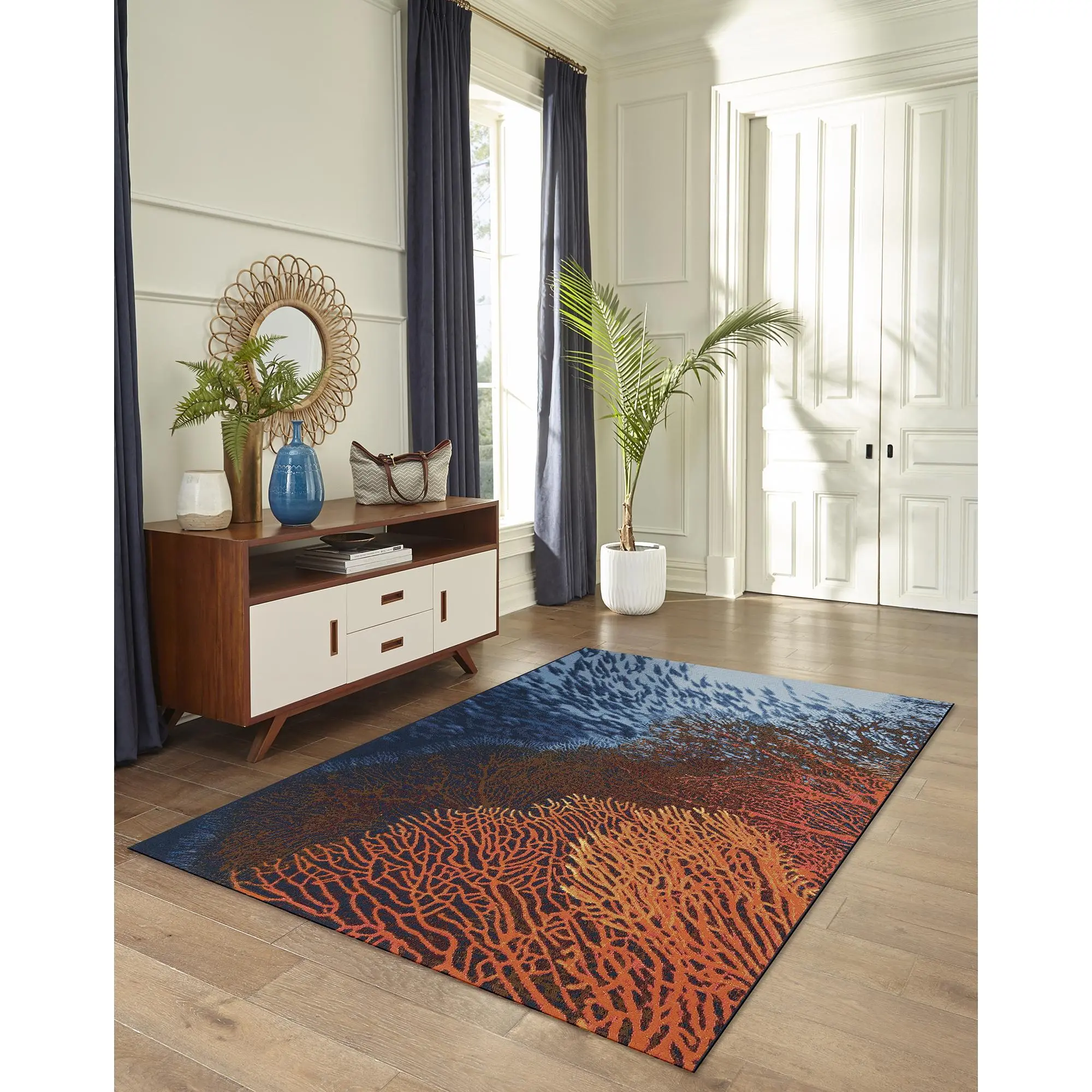 Lush Decor MARINA Indoor-Outdoor Power Loomed Synthetic Blend Low Profile Area Rug - Contemporary Home Decor Beach Art Statement Rug, Fade Resistant, for Bedroom, Entry, Coastal Graphic (Coral), Beach Art Area Rugs