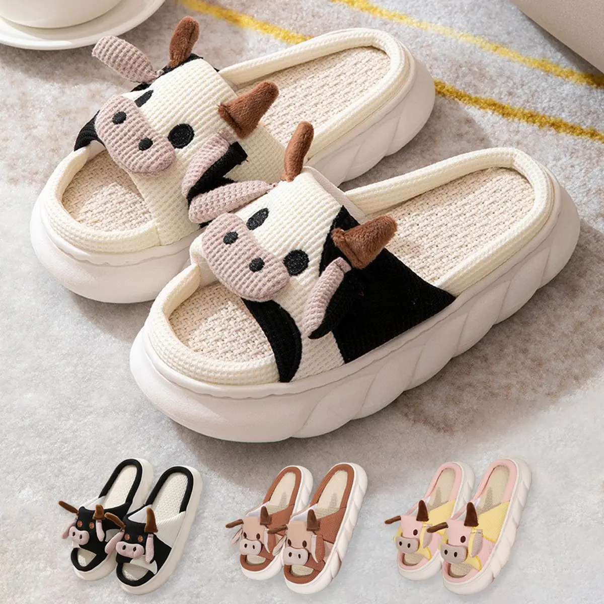 Women's & Men's Cute Cow Charm Non-Slip Open-Toe Slide Slippers, All-Season Indoor Footwear, Not Easy to Fade House Shoes for Holiday Gifting to Friends
