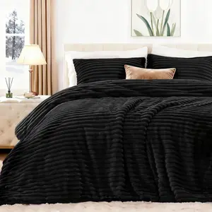 Fluffy Comforter Set Queen Size - Super Soft Faux Fur Stripe Jacquard Comforter 3 Pieces, Black Fleece Bedding Set, Winter Warm Bed Set, 1 Comforter with 2 Pillowcases