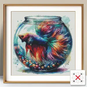 Fish Pattern Counted Cross Stitch Kit, DIY Cross Stitch Kit for Beginner, Cross Stitch Art Craft on Canvas with Tools, Home Wall Decoration