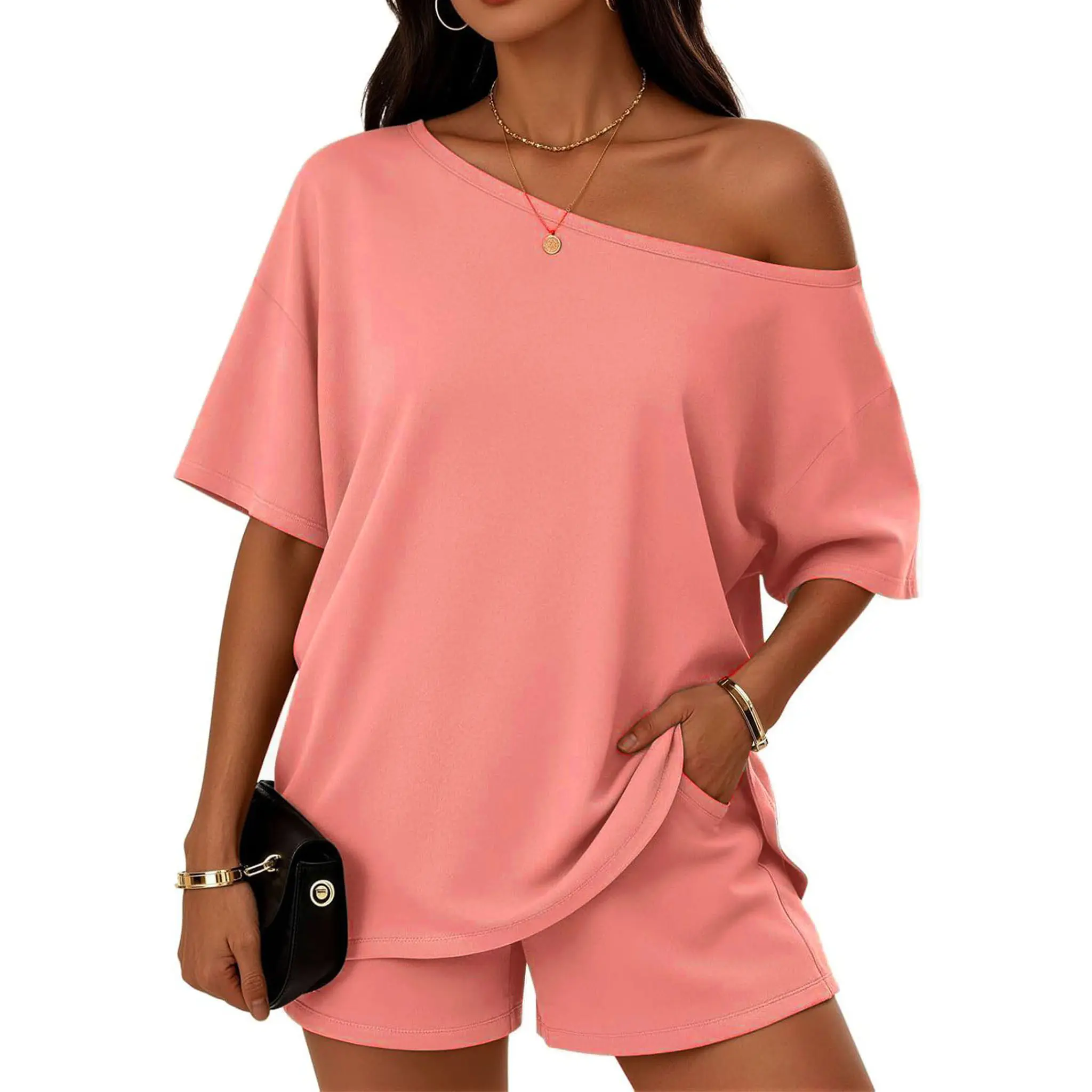 AUMNA Women's Casual Two-Piece LoungewearSet - Off-Shoulder Top and Slim-Fit Shorts(Spring/Summer Style)