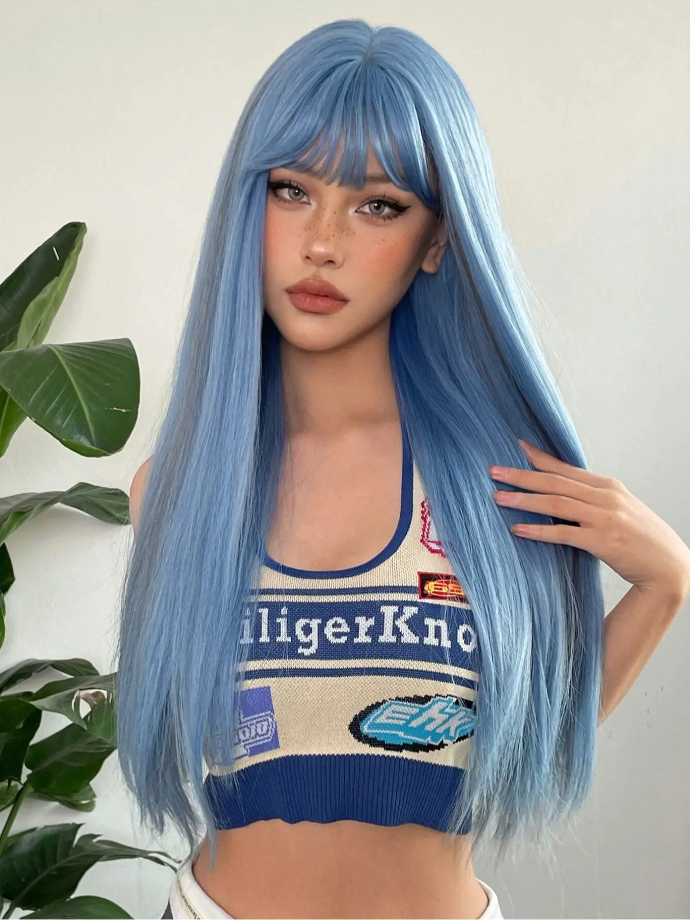 26 Inch Blue Highlights Straight Bangs with bangs Wig for Women, Fun Wigs, Long Straight Synthetic Material Wigs Hairpiece for Daily Wear, Natural Look, Easy Maintenance, Synthetic Fiber Wigs, Artificial Wig