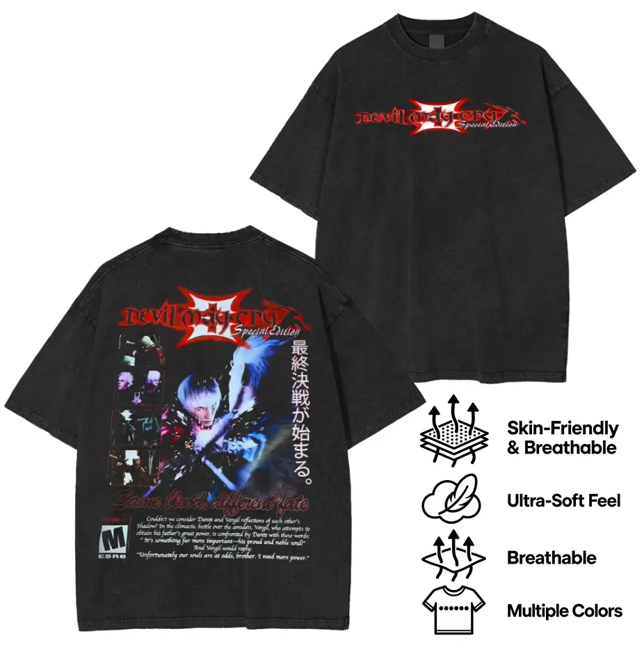 Devil May Cry 3 Special Edition Washed T-Shirt, Dante & Vergil Same Blood Different Fate Graphic Tee, DMC3 Vintage Gaming Shirt, Unisex Cotton Anime Streetwear Gamer Gift