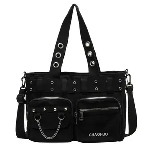 Makukke Y2K Tote Bag for Women Canvas Shoulder Bag Large Gothic Bag Skull Handbag for Work Office Travel Unique