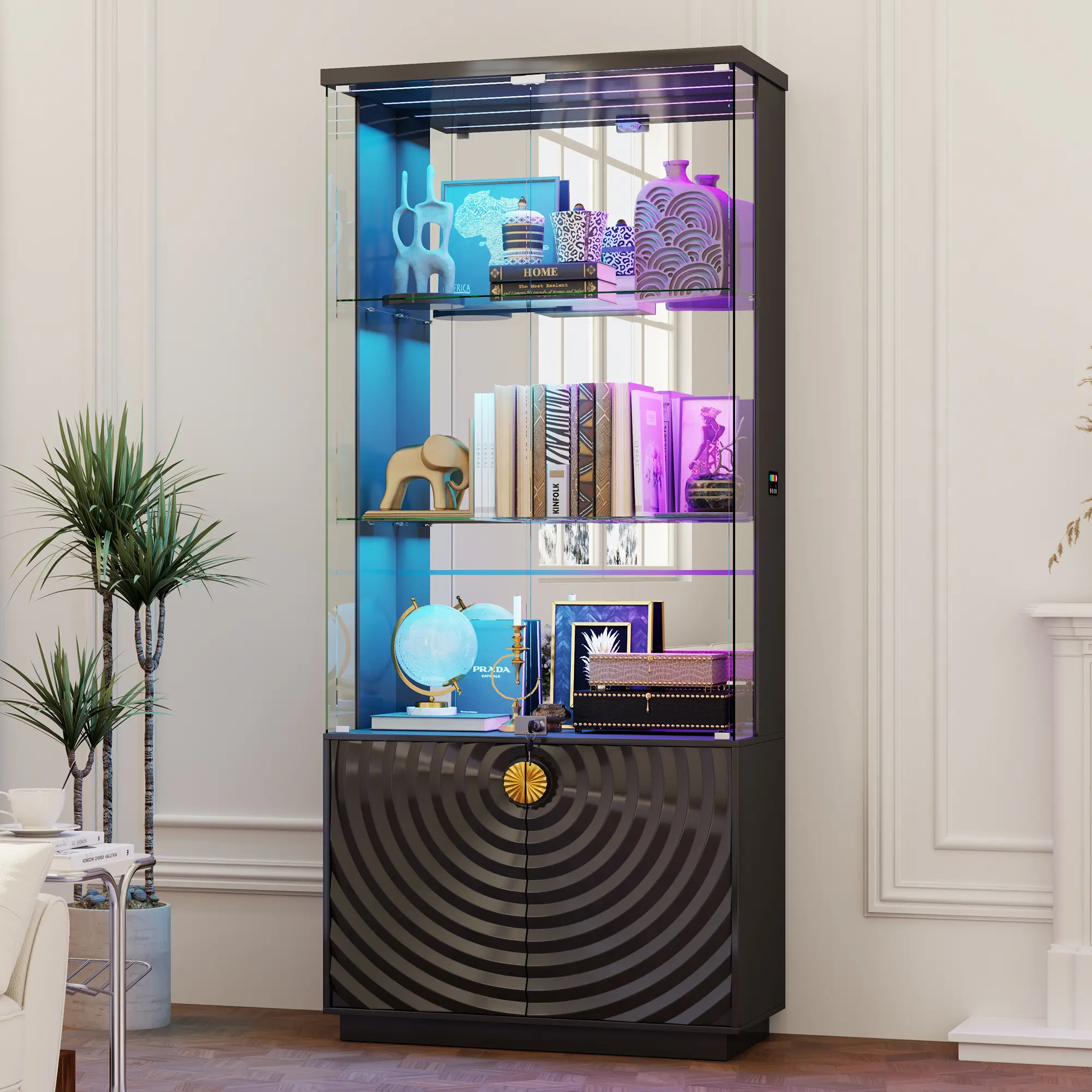71'' Display Cabinet - with 3-Color Lights for Collectibles, 4-Tier Curio White Cabinet with Glass Doors,Lockable Glass Display Case with Human Body Sensor,Tall Bookcase with Shelves & Door Panel