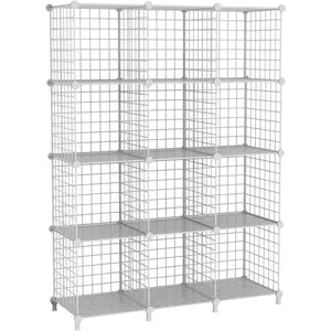 12-Cube Storage Organizer, Metal Wire Cube Shelving Unit, 11.8" L x 11.8" W x 11.8" H, Modular Grid Bookshelf for Closet, Bedroom, Office, White