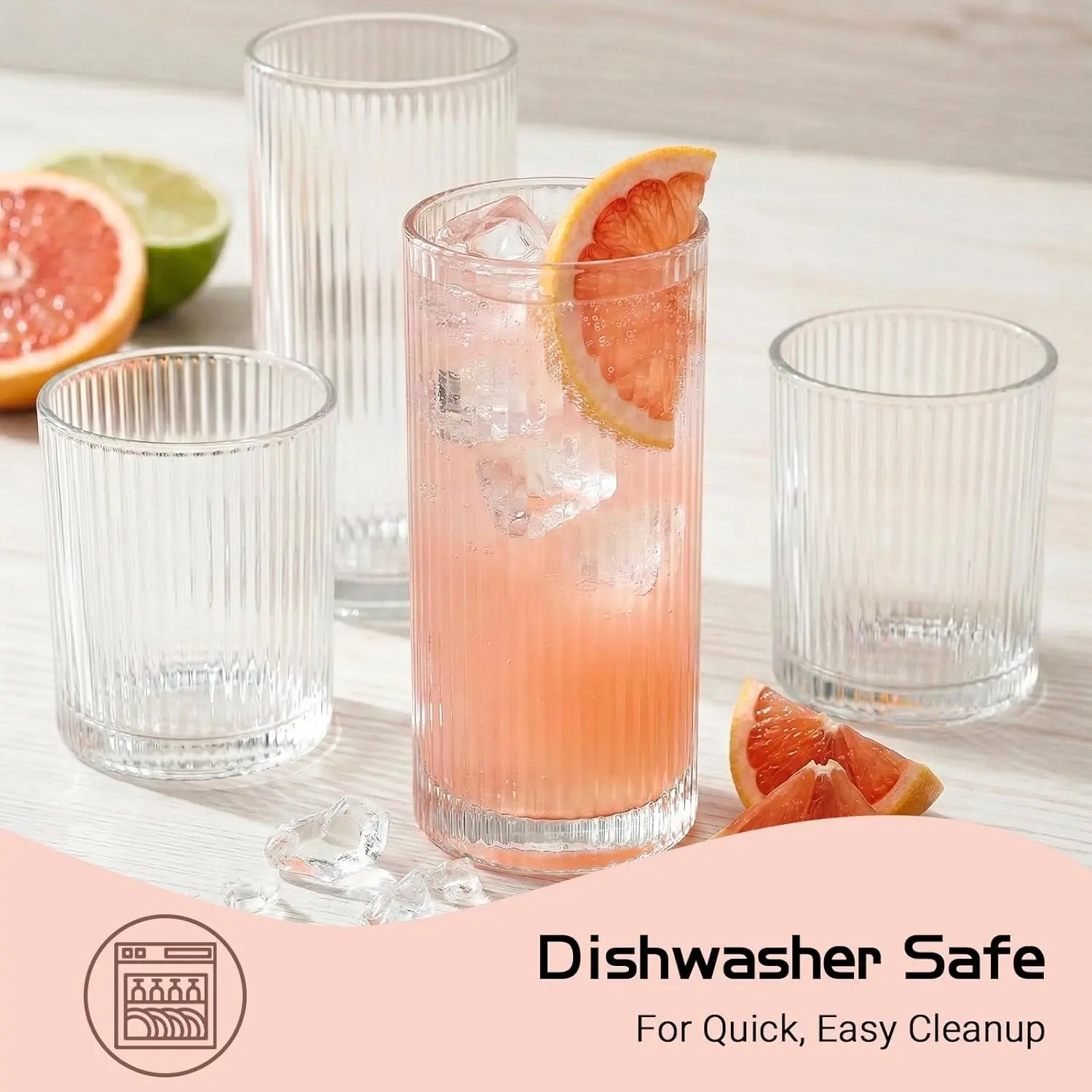 Physkoa Premium Sturdy Classic Ribbed Glass Tumblers Set of 8 - Lead-Free Round Shape Tall/Short Mix, 4x15oz Tall & 4x10oz Short, Reinforced Base, Dishwasher Safe, Housewarming Gift, Set A