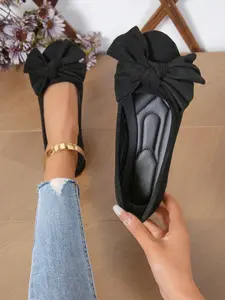 Women's Soft Non-Slip Footwear, Large Bowknot Design, Textile Upper Material, Rubber Sole, All-Season Comfortable Shoes, Bowknot Design Flats