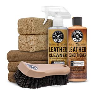 CHEMICAL GUYS Premium Leather Care Complete Care System Bundle - 16oz Automotive Car Seat Cleaner, UV Protection, Detailing Setup with 2-Pack Microfiber & Brush for Interior Dashboards