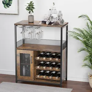 Wine Bar Cabinet, Liquor Cabinet with Detachable Wine Rack, Small Coffee Bar with Storage & Glass Holder, Mesh Door, Buffet Sideboard for Dining Room Kitchen Living Room