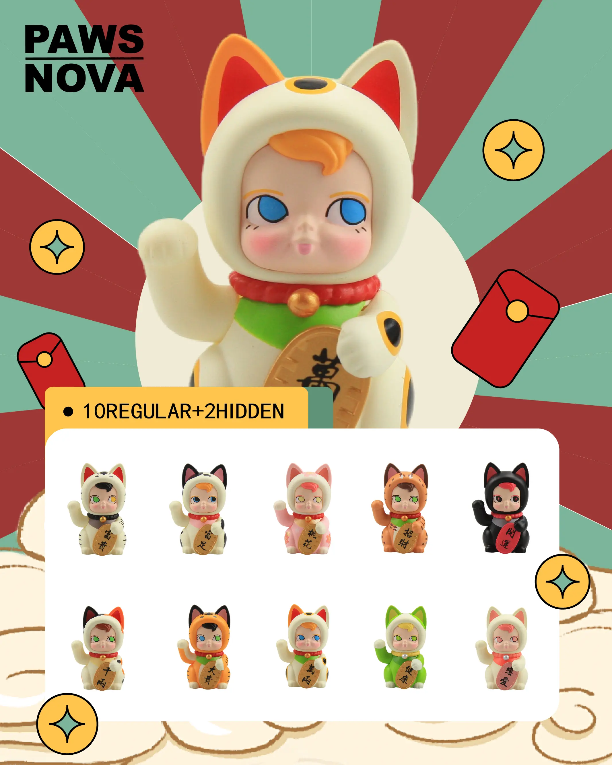 PAWSNOVA SAM SAM Fortune Cat 1.0 Blind Box Toy,Collectible Figures for Home Decor or Gift