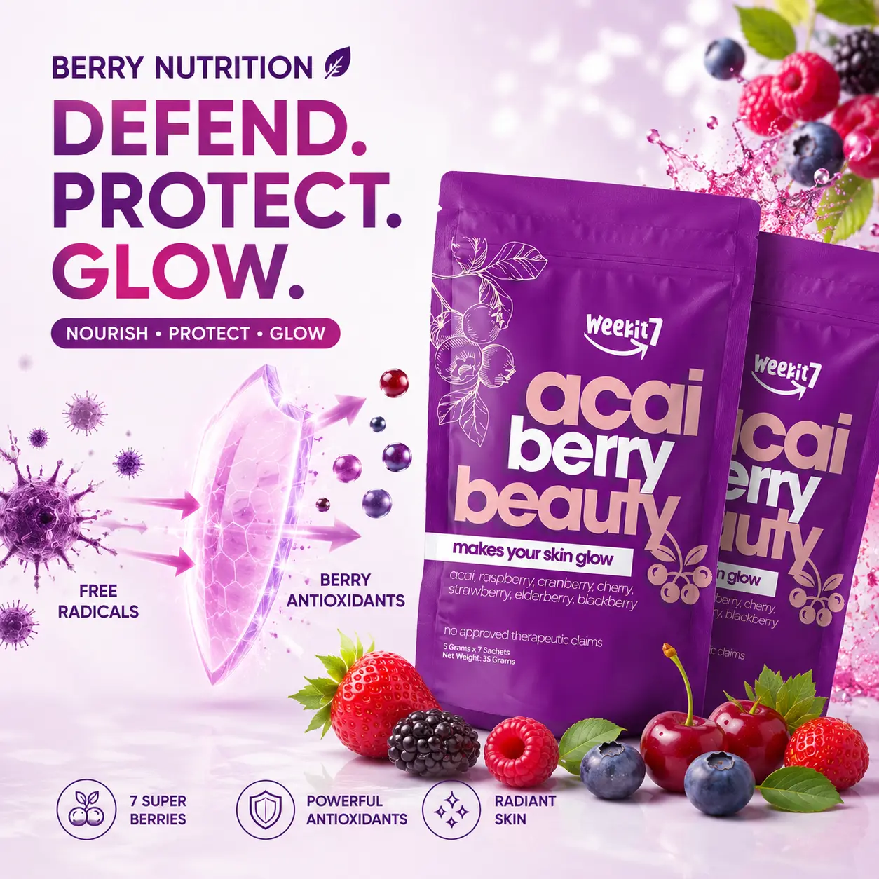 Weekit7 Sugar-Free Acai Beauty Berry Powder - 7 Super Berries for Skin Health, Radiance Boost, Powerful Antioxidants & Free Radical Defense