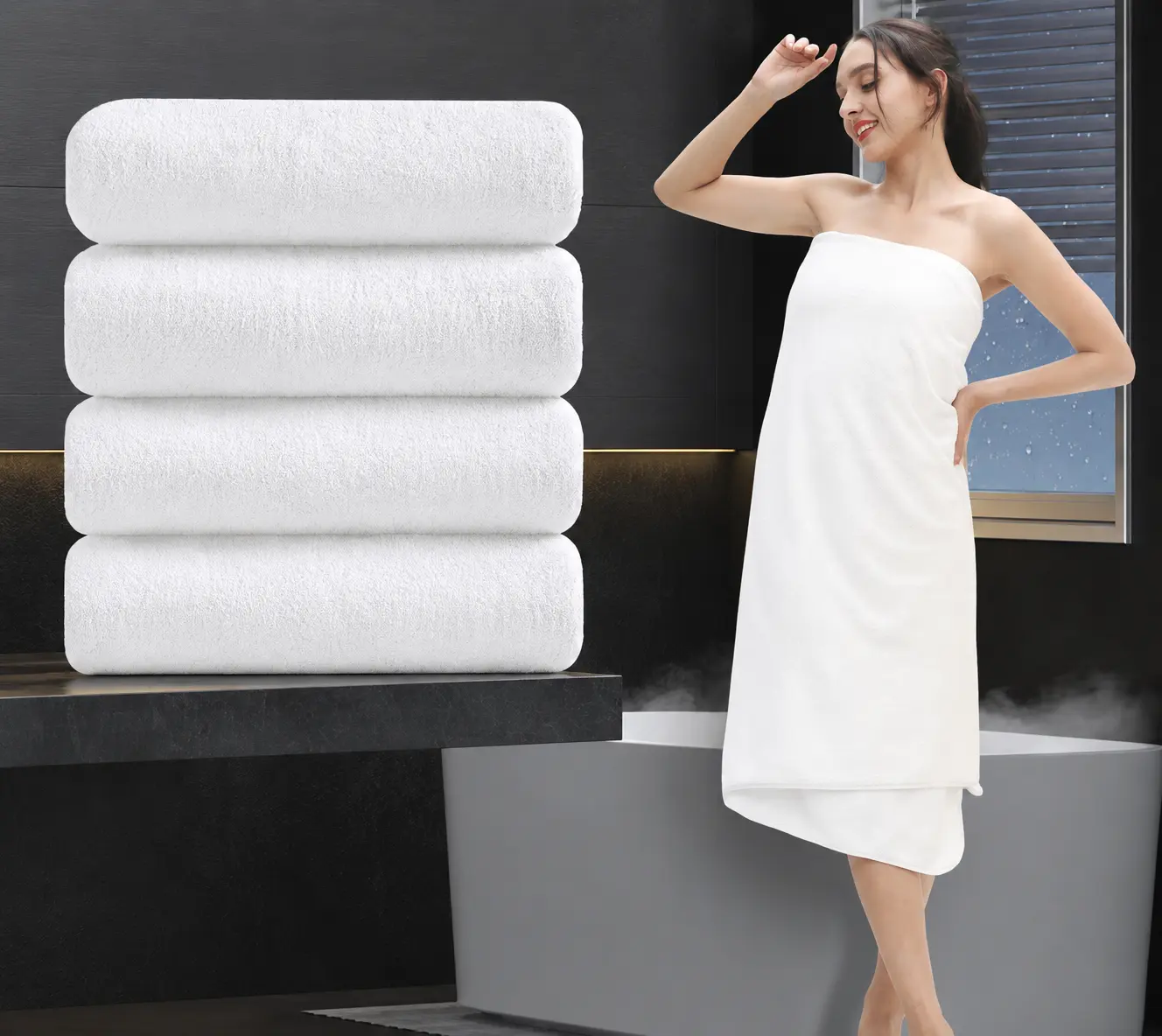 4 Piece Set 100% Cotton Bath Towels - Ultra-Soft, Absorbent, and Spa-Like, White 27 X55 inc