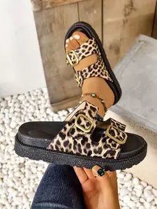 Women's Fashion Leopard Print Platform Strap Sandals, PU Leather Slides, Comfortable Casual Sandals for Summer, Daily Wearwalking Shoes