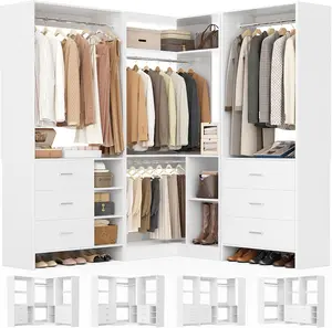 Closet System with 3 Sets 86.8" L Shaped Walk-in Closets Freestanding Wardrobe with 6 Drawers 4 Hanging Rods White Load 2000+LBS W1