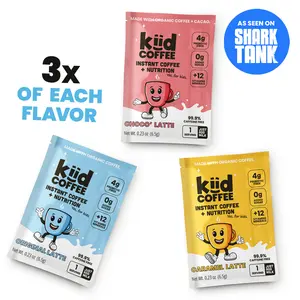 Kiid Coffee Single Serve Sampler - 99.9% Caffeine-Free Organic Coffee for Kids - As Seen on Shark Tank - Variety Pack of 3 Instant Coffee Flavors - 12 Vitamins & Minerals, 0g Sugar, Just Add Milk- 9-Pack [.23oz]