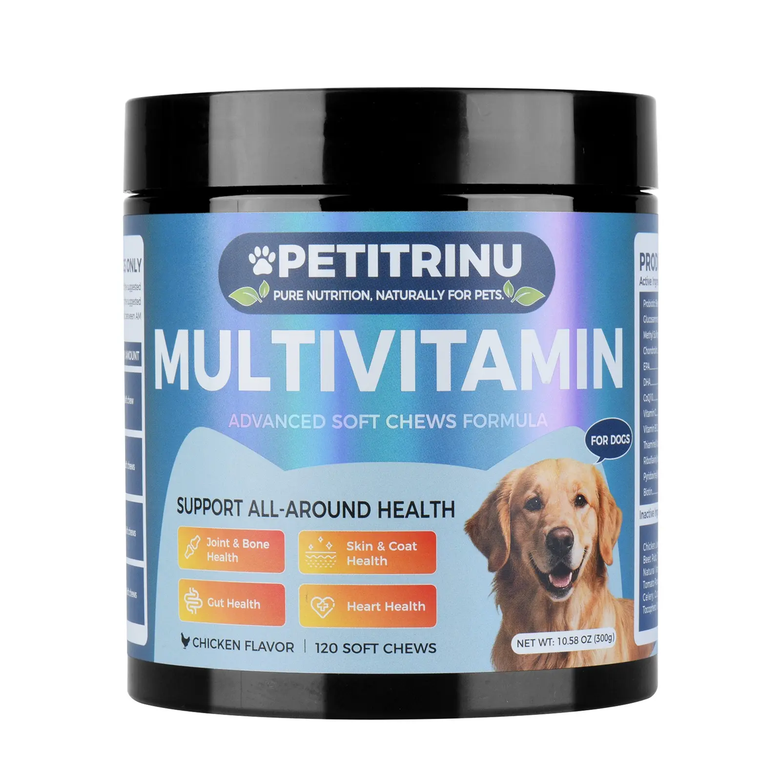 Petitrinu Multivitamin Advanced Soft Chews for Dogs - Chicken Flavor, 120 Chews, 300g, Probiotic Blend, Glucosamine, Chondroitin, EPA, DHA, CoQ10, Vitamins, Biotin, Thiamine, Riboflavin, Pyridoxine, B12, 12 Weeks+