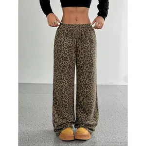 Women’s leopard-print drawstring straight-leg pants, everyday casual pocket pants, all-season women’s underwear, casual fashion pants